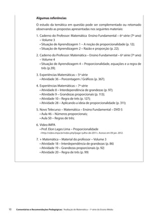 Algumas referências

                         O estudo da temática em questão pode ser complementado ou retomado
                         observando as propostas apresentadas nos seguintes materiais:

                         1.	 aderno do Professor: Matemática Ensino Fundamental – 6ª série (7º ano)
                            C
                            – Volume 3
                         	 •  ituação de Aprendizagem 1 – A noção de proporcionalidade (p. 12);
                              S
                         	 •  ituação de Aprendizagem 2 – Razão e proporção (p. 22);
                              S

                         2.	Caderno do Professor: Matemática – Ensino Fundamental – 6ª série (7º ano)
                             – Volume 4
                         	 •  ituação de Aprendizagem 4 – Proporcionalidade, equações e a regra de
                              S
                              três (p.39);
                         3.	 xperiências Matemáticas – 5ª série
                            E
                         	 •  tividade 36 – Porcentagem / Gráficos (p. 367);
                              A

                         4.	 xperiências Matemáticas – 7ª série
                            E
                         	 •  tividade 8 – Interdependência de grandezas (p. 97);
                              A
                         	 •  tividade 9 – Grandezas proporcionais (p. 113);
                              A
                         	 •  tividade 10 – Regra de três (p. 127);
                              A
                         	 •  tividade 28 – Aplicando a ideia de proporcionalidade (p. 311);
                              A

                         5.	 ovo Telecurso – Matemática – Ensino Fundamental – DVD 5
                            N
                         	 •  ula 46 – Números proporcionais;
                              A
                         	 •  ula 50 – Regras de três;
                              A

                         6.	Vídeo IMPA
                         	 •  rof. Elon Lages Lima – Proporcionalidade
                              P
                            http://video.impa.br/index.php?page=julho-de-2011. Acesso em 09 jan. 2012.

                         7.	 Matemática – Material do professor – Volume 3
                            +
                         	 •  tividade 18 – Interdependência de grandezas (p. 86)
                             A
                         	 •  tividade 19 – Grandezas proporcionais (p. 92)
                             A
                         	 •  tividade 20 – Regra de três (p. 99)
                             A




10    Comentários e Recomendações Pedagógicas / Avaliação de Matemática – 1ª série do Ensino Médio
 