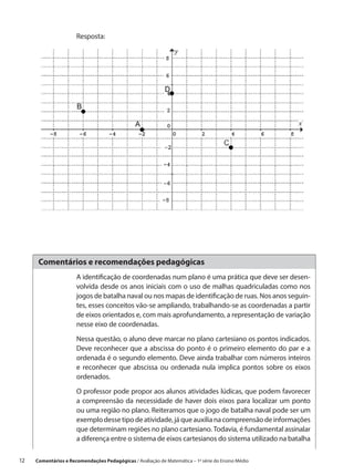 Resposta:




       Comentários e recomendações pedagógicas
                       A identificação de coordenadas num plano é uma prática que deve ser desen-
                       volvida desde os anos iniciais com o uso de malhas quadriculadas como nos
                       jogos de batalha naval ou nos mapas de identificação de ruas. Nos anos seguin-
                       tes, esses conceitos vão-se ampliando, trabalhando-se as coordenadas a partir
                       de eixos orientados e, com mais aprofundamento, a representação de variação
                       nesse eixo de coordenadas.

                       Nessa questão, o aluno deve marcar no plano cartesiano os pontos indicados.
                       Deve reconhecer que a abscissa do ponto é o primeiro elemento do par e a
                       ordenada é o segundo elemento. Deve ainda trabalhar com números inteiros
                       e reconhecer que abscissa ou ordenada nula implica pontos sobre os eixos
                       ordenados.

                       O professor pode propor aos alunos atividades lúdicas, que podem favorecer
                       a compreensão da necessidade de haver dois eixos para localizar um ponto
                       ou uma região no plano. Reiteramos que o jogo de batalha naval pode ser um
                       exemplo desse tipo de atividade, já que auxilia na compreensão de informações
                       que determinam regiões no plano cartesiano. Todavia, é fundamental assinalar
                       a diferença entre o sistema de eixos cartesianos do sistema utilizado na batalha

12    Comentários e Recomendações Pedagógicas / Avaliação de Matemática – 1ª série do Ensino Médio
 