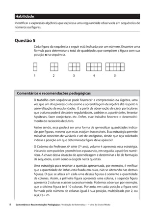 Habilidade
      Identificar a expressão algébrica que expressa uma regularidade observada em sequências de
      números ou figuras.



      Questão 5
                       Cada figura da sequência a seguir está indicada por um número. Encontre uma
                       fórmula para determinar o total de quadrículas que compõem a figura com sua
                       posição n na sequência.




                       1	                 2                  3      		           4		                 5




       Comentários e recomendações pedagógicas
                       O trabalho com sequências pode favorecer a compreensão da álgebra, uma
                       vez que um dos processos de ensino e aprendizagem de álgebra diz respeito à
                       generalização de regularidades. É a partir da observação de casos particulares
                       que o aluno poderá descobrir regularidades, padrões e, a partir deles, levantar
                       hipóteses, fazer conjecturas etc. Enfim, esse trabalho favorece o desenvolvi-
                       mento do raciocínio dedutivo.

                       Assim sendo, essa poderá ser uma forma de generalizar quantidades indica-
                       das por figuras, mesmo que estas estejam inacessíveis. Essa estratégia permite
                       trabalhar conceitos de variáveis e até de incógnitas, desde que seja solicitado
                       indicar a posição em que determinada figura deve aparecer.

                       O Caderno do Professor, 6ª série (7º ano), volume 4 apresenta essa estratégia,
                       iniciando com padrões geométricos e passando, em seguida, a padrões numé-
                       ricos. A chave dessa situação de aprendizagem é determinar a lei de formação
                       da sequência, assim como a exigida nesta questão.

                       Uma estratégia para resolver a questão apresentada, por exemplo, é verificar
                       que a quantidade de linhas está fixada em duas, não se alterando nas demais
                       figuras. O que se altera em cada uma dessas figuras é somente a quantidade
                       de colunas. Assim, a primeira figura apresenta uma coluna, a segunda figura
                       apresenta 2 colunas e assim sucessivamente. Podemos observar, por exemplo,
                       que a décima figura terá 10 colunas. Portanto, em cada posição a figura será
                       formada pelo número de colunas igual à sua posição, multiplicada por 2, ou
                       seja, Q = 2n.

18    Comentários e Recomendações Pedagógicas / Avaliação de Matemática – 1ª série do Ensino Médio
 