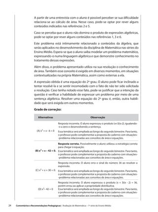 A partir de uma entrevista com o aluno é possível perceber se sua dificuldade
                       relaciona-se ao cálculo de área. Nesse caso, pode-se optar por rever alguns
                       conteúdos indicados nas referências 2 e 5.

                       Caso se perceba que o aluno não domina o produto de expressões algébricas,
                       pode-se optar por rever alguns conteúdos nas referências 1, 3 e 6.

                       Este problema está intimamente relacionado a conteúdos da álgebra, que
                       serão aplicados no desenvolvimento da disciplina de Matemática nas séries do
                       Ensino Médio. Espera-se que o aluno saiba modelar um problema matemático,
                       expressando-o numa linguagem algébrica e que demonstre conhecimento no
                       tratamento dessas expressões.

                       Além disso, o problema apresentado utiliza na sua resolução o conhecimento
                       de área. Também esse conceito é exigido em diversos momentos, em situações
                       contextualizadas na própria Matemática, assim como externas a ela.

                       A expressão obtida é uma equação do 2º grau. O aluno pode ficar inclinado a
                       tentar resolvê-la e se sentir incomodado com o fato de não ter sido solicitada
                       a resolução. Caso tenha notado esse fato, pode-se justificar que a intenção da
                       questão é verificar a habilidade de expressar um problema por meio de uma
                       sentença algébrica. Resolver uma equação do 2º grau é, então, outra habili-
                       dade que será exigida em outros momentos.

                       Grade de correção:

                           Alternativas                                       Observação

                                               Resposta incorreta. O aluno expressou o produto (x+3)(x-2), igualando-
                                               -o a zero e desenvolvendo a sentença.
                          (A) x² + x - 6 = 0   Essa temática será ampliada ao longo do segundo bimestre. Para tanto,
                                               o professor pode complementar a proposta do caderno com situações-
                                               -problema relacionadas aos conceitos de área e equações.

                                             Resposta correta. Possivelmente o aluno utilizou a estratégia correta
                                             para chegar à equação.
                        (B) x² + x – 42 = 0. Essa temática será ampliada ao longo do segundo bimestre. Para tanto,
                                             o professor pode complementar a proposta do caderno com situações-
                                             -problema relacionadas aos conceitos de área e equações.
                                               Resposta incorreta. O aluno erra o sinal do número 36 ao resolver a
                                               expressão.
                        (C) x² + x + 30 = 0. Essa temática será ampliada ao longo do segundo bimestre. Para tanto,
                                             o professor pode complementar a proposta do caderno com situações-
                                             -problema relacionadas aos conceitos de área e equações.
                                               Resposta incorreta. O aluno expressou o produto (x + 3)(x - 2) = 36,
                                               porém errou ao aplicar a propriedade distributiva.
                           (D) x²– 42 = 0      Essa temática será ampliada ao longo do segundo bimestre. Para tanto,
                                               o professor pode complementar a proposta do caderno com situações-
                                               -problema relacionadas aos conceitos de área e equações.


24    Comentários e Recomendações Pedagógicas / Avaliação de Matemática – 1ª série do Ensino Médio
 