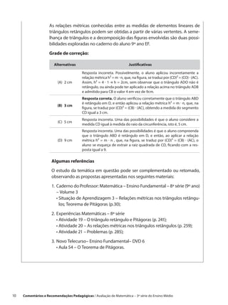 As relações métricas conhecidas entre as medidas de elementos lineares de
                      triângulos retângulos podem ser obtidas a partir de várias vertentes. A seme-
                      lhança de triângulos e a decomposição das figuras envolvidas são duas possi-
                      bilidades exploradas no caderno do aluno 9º ano EF.

                      Grade de correção:

                         Alternativas                                    Justificativas

                                          Resposta incorreta. Possivelmente, o aluno aplicou incorretamente a
                                          relação métrica h² = m · n, que, na figura, se traduz por (CD)² = (CO) · (AC).
                           (A)  2 cm      Assim, h² = 4 · 1 h = 2cm, sem observar que o triângulo ADO não é
                                          retângulo, ou ainda pode ter aplicado a relação acima no triângulo ADB
                                          e admitido para CB o valor 4 em vez de 9cm.
                                          Resposta correta. O aluno verificou corretamente que o triângulo ABD
                                          é retângulo em D, e então aplicou a relação métrica h² = m · n, que, na
                           (B)  3 cm
                                          figura, se traduz por (CD)² = (CB) · (AC), obtendo a medida do segmento
                                          CD igual a 3 cm.
                                          Resposta incorreta. Uma das possibilidades é que o aluno considere a
                           (C)  5 cm
                                          medida CD igual à medida do raio da circunferência, isto é, 5 cm.
                                          Resposta incorreta. Uma das possibilidades é que o aluno compreenda
                                          que o triângulo ABD é retângulo em D, e então, ao aplicar a relação
                           (D)  9 cm      métrica h² = m · n , que, na figura, se traduz por (CD)² = (CB) · (AC), o
                                          aluno se esqueça de extrair a raiz quadrada de CD, ficando com a res-
                                          posta igual a 9.

                       Algumas referências

                       O estudo da temática em questão pode ser complementado ou retomado,
                       observando as propostas apresentadas nos seguintes materiais:

                       1.	Caderno do Professor: Matemática – Ensino Fundamental – 8ª série (9º ano)
                           – Volume 3
                       	 •  ituação de Aprendizagem 3 – Relações métricas nos triângulos retângu-
                            S
                            los; Teorema de Pitágoras (p.30);

                       2.	 xperiências Matemáticas – 8ª série
                          E
                       	 •  tividade 19 – O triângulo retângulo e Pitágoras (p. 241);
                            A
                       	 •  tividade 20 – As relações métricas nos triângulos retângulos (p. 259);
                            A
                       	 •  tividade 21 – Problemas (p. 285);
                            A

                       3.	 ovo Telecurso– Ensino Fundamental– DVD 6
                          N
                       	 •  ula 54 – O Teorema de Pitágoras.
                            A




10    Comentários e Recomendações Pedagógicas / Avaliação de Matemática – 3ª série do Ensino Médio
 
