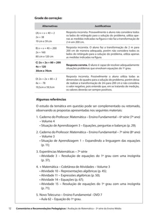 Grade de correção:

                             Alternativas                                 Justificativas

                       (A) x + x + 40 = 2        Resposta incorreta. Provavelmente o aluno não considera todos
                                                 os lados do retângulo para a solução do problema, utiliza ape-
                       2x = 38
                                                 nas as medidas indicadas na figura e não faz a transformação de
                       19 cm e 59 cm             2 m em 200 cm.

                       B) x + x + 40 = 200       Resposta incorreta. O aluno faz a transformação de 2 m para
                                                 200 cm de maneira adequada, porém não considera todos os
                       2x = 160
                                                 lados do retângulo para a solução do problema, utiliza apenas
                       80 cm e 120 cm            as medidas indicadas na figura.
                       C) 2x + 2x + 80 = 200
                                                 Resposta correta. O aluno é capaz de resolver adequadamente
                       4x = 120
                                                 situações problemas que envolvam equações do 1º grau.
                       30cm e 70cm

                                                 Resposta incorreta. Possivelmente o aluno utiliza todas as
                       D) 2x + 2x + 80 = 2       dimensões do quadro para a solução do problema, porém deixa
                       4x = - 78                 de realizar a transformação de 2m para 200 cm e não considera
                       19,5cm e 59,5cm           o valor negativo, pois entende que, em se tratando de medição,
                                                 os valores deverão ser sempre positivos.


                       Algumas referências

                       O estudo da temática em questão pode ser complementado ou retomado,
                       observando as propostas apresentadas nos seguintes materiais:

                       1.	Caderno do Professor: Matemática – Ensino Fundamental – 6ª série (7º ano)
                           – Volume 4
                       	 •  ituação de Aprendizagem 3 – Equações, perguntas e balanças (p. 29);
                            S

                       2.	Caderno do Professor: Matemática – Ensino Fundamental – 7ª série (8º ano)
                           – Volume 3
                       	 •  ituação de Aprendizagem 1 – Expandindo a linguagem das equações
                            S
                            (p. 11);

                       3.	 xperiências Matemáticas – 7ª série
                          E
                       	 •  tividade 3 – Resolução de equações do 1º grau com uma incógnita
                            A
                            (p. 37);

                       4.	 Matemática – Coletânea de Atividades – Volume 3
                          +
                       	 •  tividade 10 – Representações algébricas (p. 45);
                           A
                       	 •  tividade 11 – Expressões algébricas (p. 50);
                           A
                       	 •  tividade 14 – Equações (p. 67);
                           A
                       	 •  tividade 15 – Resolução de equações do 1º grau com uma incógnita
                           A
                           (p. 71);

                       5.	 ovo Telecurso – Ensino Fundamental - DVD 7
                          N
                       	 •  ula 62 – Equação do 1º grau.
                            A

12    Comentários e Recomendações Pedagógicas / Avaliação de Matemática – 3ª série do Ensino Médio
 