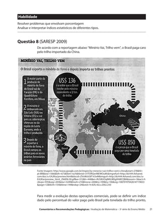 Habilidade
Resolver problemas que envolvam porcentagem
Analisar e interpretar índices estatísticos de diferentes tipos.



Questão 8 (SARESP 2009)
               De acordo com a reportagem abaixo “Minério Vai, Trilho vem”, o Brasil paga caro
               pelo trilho importado da China.




               Fonte Imagem: http://www.google.com.br/imgres?q=minerio+vai+trilho+vem+chinastart=278hl=
               pt-BRbiw=1366bih=673tbm=ischtbnid=vYTORQw98EWOuM:imgrefurl=http://dc444.4shared.
               com/doc/u-EA2Kia/preview.htmldocid=ZVxWckS8T-k5eMimgurl=http://dc444.4shared.com/doc/u-
               EA2Kia/preview_html_29d09c30.gifw=512h=448ei=RU58UOqlMtLW0gHh8ICQBAzoom=1iact=h
               cvpx=935vpy=203dur=5249hovh=210hovw=240tx=109ty=106sig=108701970426147119653
               page=12tbnh=134tbnw=149ndsp=24ved=1t:429,r:82,s:200,i:250



               Para medir a evolução destas operações comerciais, pode-se definir um índice
               dado pelo percentual do valor pago pelo Brasil pela tonelada do trilho pronto,

                 Comentários e Recomendações Pedagógicas / Avaliação de Matemática – 3ª série do Ensino Médio   21
 