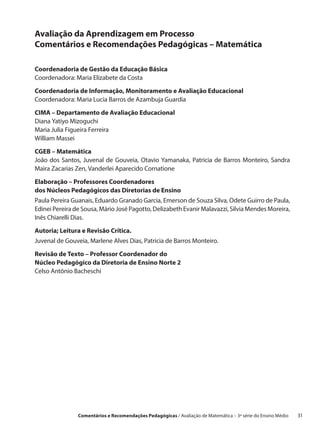 Avaliação da Aprendizagem em Processo
Comentários e Recomendações Pedagógicas – Matemática

Coordenadoria de Gestão da Educação Básica
Coordenadora: Maria Elizabete da Costa

Coordenadoria de Informação, Monitoramento e Avaliação Educacional
Coordenadora: Maria Lucia Barros de Azambuja Guardia

CIMA – Departamento de Avaliação Educacional
Diana Yatiyo Mizoguchi
Maria Julia Figueira Ferreira
William Massei

CGEB – Matemática
João dos Santos, Juvenal de Gouveia, Otavio Yamanaka, Patricia de Barros Monteiro, Sandra
Maira Zacarias Zen, Vanderlei Aparecido Cornatione

Elaboração – Professores Coordenadores
dos Núcleos Pedagógicos das Diretorias de Ensino
Paula Pereira Guanais, Eduardo Granado Garcia, Emerson de Souza Silva, Odete Guirro de Paula,
Edinei Pereira de Sousa, Mário José Pagotto, Delizabeth Evanir Malavazzi, Silvia Mendes Moreira,
Inês Chiarelli Dias.

Autoria; Leitura e Revisão Crítica.
Juvenal de Gouveia, Marlene Alves Dias, Patricia de Barros Monteiro.

Revisão de Texto – Professor Coordenador do
Núcleo Pedagógico da Diretoria de Ensino Norte 2
Celso Antônio Bacheschi




                Comentários e Recomendações Pedagógicas / Avaliação de Matemática – 3ª série do Ensino Médio   31
 
