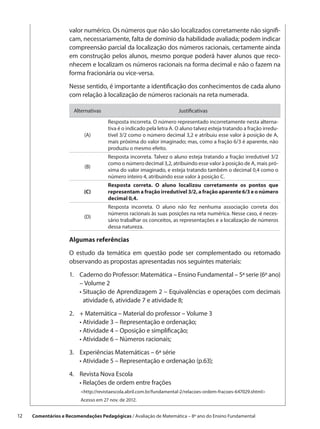 valor numérico. Os números que não são localizados corretamente não signifi-
                     cam, necessariamente, falta de domínio da habilidade avaliada; podem indicar
                     compreensão parcial da localização dos números racionais, certamente ainda
                     em construção pelos alunos, mesmo porque poderá haver alunos que reco-
                     nhecem e localizam os números racionais na forma decimal e não o fazem na
                     forma fracionária ou vice-versa.

                     Nesse sentido, é importante a identificação dos conhecimentos de cada aluno
                     com relação à localização de números racionais na reta numerada.

                       Alternativas                                    Justificativas

                                       Resposta incorreta. O número representado incorretamente nesta alterna-
                                       tiva é o indicado pela letra A. O aluno talvez esteja tratando a fração irredu-
                            (A)        tível 3/2 como o número decimal 3,2 e atribuiu esse valor à posição de A,
                                       mais próxima do valor imaginado; mas, como a fração 6/3 é aparente, não
                                       produziu o mesmo efeito.
                                       Resposta incorreta. Talvez o aluno esteja tratando a fração irredutível 3/2
                                       como o número decimal 3,2, atribuindo esse valor à posição de A, mais pró-
                            (B)
                                       xima do valor imaginado, e esteja tratando também o decimal 0,4 como o
                                       número inteiro 4, atribuindo esse valor à posição C.
                                       Resposta correta. O aluno localizou corretamente os pontos que
                            (C)        representam a fração irredutível 3/2, a fração aparente 6/3 e o número
                                       decimal 0,4.
                                       Resposta incorreta. O aluno não fez nenhuma associação correta dos
                                       números racionais às suas posições na reta numérica. Nesse caso, é neces-
                            (D)
                                       sário trabalhar os conceitos, as representações e a localização de números
                                       dessa natureza.

                     Algumas referências

                     O estudo da temática em questão pode ser complementado ou retomado
                     observando as propostas apresentadas nos seguintes materiais:

                     1.	Caderno do Professor: Matemática – Ensino Fundamental – 5ª serie (6º ano)
                         – Volume 2
                     	 •  ituação de Aprendizagem 2 – Equivalências e operações com decimais
                          S
                          atividade 6, atividade 7 e atividade 8;

                     2.	 Matemática – Material do professor – Volume 3
                         +
                     	 •  tividade 3 – Representação e ordenação;
                          A
                     	 •  tividade 4 – Oposição e simplificação;
                          A
                     	 •  tividade 6 – Números racionais;
                          A

                     3.	Experiências Matemáticas – 6ª série
                     	 •  tividade 5 – Representação e ordenação (p.63);
                          A

                     4.	Revista Nova Escola
                     	 •  elações de ordem entre frações
                          R
                       	http://revistaescola.abril.com.br/fundamental-2/relacoes-ordem-fracoes-647029.shtml
                          Acesso em 27 nov. de 2012.


12    Comentários e Recomendações Pedagógicas / Avaliação de Matemática – 8º ano do Ensino Fundamental
 