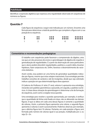 Habilidade
Identificar a expressão algébrica que expressa uma regularidade observada em sequências de
números ou figuras.



Questão 7
             Cada figura da sequência a seguir está indicada por um número. Encontre uma
             fórmula para determinar o total de pontinhos que compõem a figura com a sua
             posição n na sequência.



                1                   2                   3                  4                   5




 Comentários e recomendações pedagógicas
             O trabalho com sequências pode favorecer a compreensão da álgebra, uma
             vez que um dos processos de ensino e aprendizagem de álgebra diz respeito à
             generalização de regularidades. É a partir da observação de casos particulares
             que o aluno poderá descobrir regularidades, padrões e, a partir deles, levantar
             hipóteses, fazer conjecturas etc. Enfim, favorece o desenvolvimento do racio-
             cínio dedutivo.

             Assim sendo, essa poderá ser uma forma de generalizar quantidades indica-
             das por figuras, mesmo que estas estejam inacessíveis. Essa estratégia permite
             trabalhar conceitos de variáveis e até de incógnitas, desde que seja solicitado
             indicar a posição em que determinada figura deve aparecer.

             O Caderno do Professor, 6ª série (7º ano), volume 4, apresenta essa estratégia,
             iniciando com padrões geométricos e passando, em seguida, a padrões numé-
             ricos. A chave dessa situação de aprendizagem é determinar a lei de formação
             da sequência, assim como a exigida nessa questão.

             Uma estratégia para resolver a questão apresentada, por exemplo, é verificar
             que a quantidade de linhas está fixada em duas, não se alterando nas demais
             figuras. O que se altera em cada uma dessas figuras é somente a quantidade
             de colunas. Assim, a primeira figura apresenta uma coluna, a segunda figura
             apresenta 2 colunas e assim sucessivamente. Podemos observar, por exemplo,
             que a décima figura terá 10 colunas. Portanto, em cada posição a figura será
             formada pelo número de colunas igual à sua posição, multiplicada por 2, ou
             seja, Q = 2n.


          Comentários e Recomendações Pedagógicas / Avaliação de Matemática – 8º ano do Ensino Fundamental   17
 