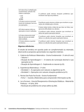 b) O aluno faz a multiplicação
                      corretamente, contudo não
                      realiza a subtração.             O professor pode retomar situações problemas que
                        1.540                          envolvam este tipo de problema.
                          x 24
                       36.960
                      c) O aluno acerta no procedi-
                                                       O professor pode retomar as ideias que envolvem as ope-
                      mento de resolução, mas erra
                                                       rações de multiplicação e divisão.
                      nas operações.
                                                       O aluno talvez tenha a ideia do que deve ser feito, mas
                      d) O aluno apenas indica as      apresenta dificuldade nos cálculos.
                      operações a serem realizadas.    O professor pode retomar situações que envolvam as
                                                       ideias das quatro operações básicas.
                      e) O aluno demonstra total
                                                       O professor pode retomar situações que envolvam as
                      falta de domínio da habili-
                                                       ideias e os cálculos das quatro operações básicas.
                      dade avaliada.
                      f) O aluno deixou a questão      O professor pode retomar situações que envolvam as
                      em branco.                       ideias e os cálculos das quatro operações básicas.

                     Algumas referências:

                     O estudo da temática em questão pode ser complementado ou retomado,
                     observando as propostas apresentadas nos seguintes materiais:

                     1.	aderno do Professor: Matemática – Ensino Fundamental – 5ª série (6º ano)
                        C
                        – Volume 1
                     	 •  ituação de Aprendizagem 1 – O sistema de numeração decimal e suas
                         S
                         operações (p.11);
                     	 •  ituação de Aprendizagem 2 – Explorando os naturais (p.22);
                         S

                     2.	xperiências Matemáticas – 5ª série
                        E
                     	 •  tividade 3 – As operações com naturais: os algoritmos (p.37);
                          A
                     	 •  tividade 5 – Operações com naturais: situações-problema (p.51);
                          A

                     3.	evista São Paulo Faz Escola – Ensino Fundamental
                        R
                     	 •  icha 1 – Usando a Matemática para compreender informações (p.36);
                         F

                     4.	er e Escrever – Guia de Planejamento e Orientações Didáticas – Material do
                        L
                        Professor – 4ª Série, 2010
                     	 •  esolução de problemas do campo aditivo (p.266).
                          R




26    Comentários e Recomendações Pedagógicas / Avaliação de Matemática – 8º ano do Ensino Fundamental
 