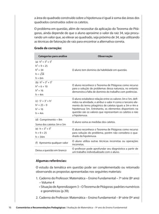 a área do quadrado construído sobre a hipotenusa é igual à soma das áreas dos
                     quadrados construídos sobre os catetos.

                     O problema em questão, além de necessitar da aplicação do Teorema de Pitá-
                     goras, ainda depende de que o aluno aproxime o valor da raiz 34, seja procu-
                     rando um valor que, ao elevar ao quadrado, seja próximo de 34, seja utilizando
                     as técnicas de fatoração de raiz para encontrar a alternativa correta.

                     Grade de correção:

                         Categorias para análise                             Observação

                      (a)  h² = 3² + 5²
                      h² = 9 + 25
                      h² = 34                         O aluno tem domínio da habilidade em questão.
                      h = √34
                      h ≈ 6m
                      (b)  h² = 3² + 5²
                      h² = 6 + 10                     O aluno reconhece o Teorema de Pitágoras como recurso
                                                      para a solução de problemas dessa natureza, no entanto
                      h² = 16                         demonstra a falta de domínio do trabalho com potências.
                      h = 4m
                                                      O aluno estabelece relação entre os valores 3m e 5m, defi-
                      (c) 52 = 32 + h2                nidos na atividade, e atribui o valor 4 como o terceiro ele-
                      h2 = 25 – 9                     mento do terno pitagórico de catetos iguais a 3m e 4m e
                      h2 = 16                         hipotenusa 5m. Entretanto, os elementos disponíveis na
                      h = 4m                          questão são os valores que representam os catetos e não
                                                      a hipotenusa.
                      (d)  Comprimento = 8m
                                                      O aluno soma as medidas dos catetos.
                      Soma dos catetos 3m e 5m
                      (e)  h = 3² + 5²                O aluno reconhece o Teorema de Pitágoras como recurso
                      h = 9 + 25                      para solução do problema, porém não considera o qua-
                      h = 34m                         drado da hipotenusa.
                                                      O aluno utiliza outras técnicas incorretas ou operações
                      (f)  Apresenta qualquer valor
                                                      incorretas.
                                                      O professor pode aprofundar seu diagnóstico a partir de
                      Deixa a questão em branco
                                                      um trabalho individualizado com o aluno.


                       Algumas referências:

                       O estudo da temática em questão pode ser complementado ou retomado
                       observando as propostas apresentadas nos seguintes materiais:

                       1.	 Caderno do Professor: Matemática – Ensino Fundamental – 7ª série (8º ano)
                       	 – Volume 4
                       	 •  ituação de Aprendizagem 3 – O Teorema de Pitágoras: padrões numéricos
                            S
                            e geométricos (p.39);

                       2.	 Caderno do Professor: Matemática – Ensino Fundamental – 8ª série (9º ano)

16    Comentários e Recomendações Pedagógicas / Avaliação de Matemática – 9º ano do Ensino Fundamental
 