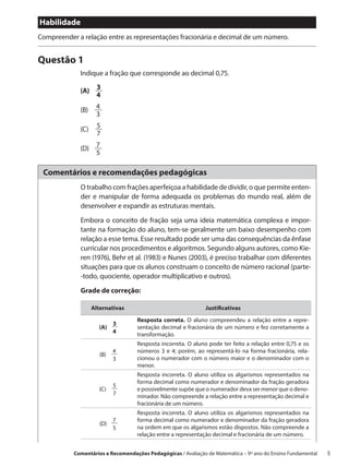 Habilidade
Compreender a relação entre as representações fracionária e decimal de um número.


Questão 1
             Indique a fração que corresponde ao decimal 0,75.

             (A)   3
                   4

             (B)     4
                     3

             (C)     5
                     7

             (D)  7
                   
                    5

 Comentários e recomendações pedagógicas
             O trabalho com frações aperfeiçoa a habilidade de dividir, o que permite enten-
             der e manipular de forma adequada os problemas do mundo real, além de
             desenvolver e expandir as estruturas mentais.

             Embora o conceito de fração seja uma ideia matemática complexa e impor-
             tante na formação do aluno, tem-se geralmente um baixo desempenho com
             relação a esse tema. Esse resultado pode ser uma das consequências da ênfase
             curricular nos procedimentos e algoritmos. Segundo alguns autores, como Kie-
             ren (1976), Behr et al. (1983) e Nunes (2003), é preciso trabalhar com diferentes
             situações para que os alunos construam o conceito de número racional (parte-
             -todo, quociente, operador multiplicativo e outros).

             Grade de correção:

                 Alternativas                                  Justificativas

                                    Resposta correta. O aluno compreendeu a relação entre a repre-
                           3
                     (A)            sentação decimal e fracionária de um número e fez corretamente a
                           4        transformação.
                                    Resposta incorreta. O aluno pode ter feito a relação entre 0,75 e os
                              4     números 3 e 4; porém, ao representá-lo na forma fracionária, rela-
                     (B)     
                              3     cionou o numerador com o número maior e o denominador com o
                                    menor.
                                    Resposta incorreta. O aluno utiliza os algarismos representados na
                                    forma decimal como numerador e denominador da fração geradora
                                5
                     (C)            e possivelmente supõe que o numerador deva ser menor que o deno-
                                7   minador. Não compreende a relação entre a representação decimal e
                                    fracionária de um número.
                                    Resposta incorreta. O aluno utiliza os algarismos representados na
                           7        forma decimal como numerador e denominador da fração geradora
                     (D)  
                           5        na ordem em que os algarismos estão dispostos. Não compreende a
                                    relação entre a representação decimal e fracionária de um número.


           Comentários e Recomendações Pedagógicas / Avaliação de Matemática – 9º ano do Ensino Fundamental   5
 