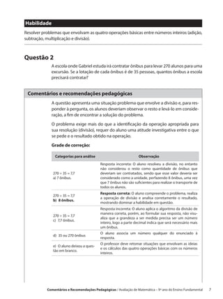 Habilidade
Resolver problemas que envolvam as quatro operações básicas entre números inteiros (adição,
subtração, multiplicação e divisão).



Questão 2
             A escola onde Gabriel estuda irá contratar ônibus para levar 270 alunos para uma
             excursão. Se a lotação de cada ônibus é de 35 pessoas, quantos ônibus a escola
             precisará contratar?


 Comentários e recomendações pedagógicas
             A questão apresenta uma situação problema que envolve a divisão e, para res-
             ponder à pergunta, os alunos deveriam observar o resto e levá-lo em conside-
             ração, a fim de encontrar a solução do problema.

             O problema exige mais do que a identificação da operação apropriada para
             sua resolução (divisão), requer do aluno uma atitude investigativa entre o que
             se pede e o resultado obtido na operação.

             Grade de correção:

               Categorias para análise                             Observação

                                           Resposta incorreta: O aluno resolveu a divisão, no entanto
                                           não considerou o resto como quantidade de ônibus que
              270 ÷ 35 ≈ 7,7               deveriam ser contratados, sendo que esse valor deveria ser
              a) 7 ônibus.                 considerado como a unidade, perfazendo 8 ônibus, uma vez
                                           que 7 ônibus não são suficientes para realizar o transporte de
                                           todos os alunos.
                                           Resposta correta: O aluno compreende o problema, realiza
              270 ÷ 35 ≈ 7,7
                                           a operação de divisão e analisa corretamente o resultado,
              b)  8 ônibus.
                                           mostrando dominar a habilidade em questão.
                                           Resposta incorreta: O aluno aplica o algoritmo da divisão de
                                           maneira correta, porém, ao formular sua resposta, não visu-
              270 ÷ 35 ≈ 7,7
                                           aliza que a grandeza a ser medida precisa ser um número
              c)  7,7 ônibus.
                                           inteiro, logo a parte decimal indica que será necessário mais
                                           um ônibus.
                                           O aluno associa um número qualquer do enunciado à
              d)  35 ou 270 ônibus
                                           resposta.
                                           O professor deve retomar situações que envolvam as ideias
              e)  O aluno deixou a ques-
                                           e os cálculos das quatro operações básicas com os números
              tão em branco.
                                           inteiros.




           Comentários e Recomendações Pedagógicas / Avaliação de Matemática – 9º ano do Ensino Fundamental   7
 