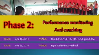 DATE: June 18,2014 VENUE: REG’L. SCIENCE HIGH SCHOOL gym, SBFZ
Phase 2: Performance monitoring
And coaching
DATE: June25, 2014 VENUE: tapinac elementaryschool
 
