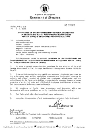 Policy and Guidelines on the Implementation of Results-Based Performance Management System in the Department of Education