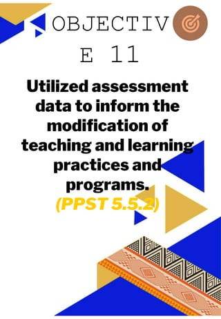 JUAN A. DELA CRUZ
JUAN A. DELA CRUZ
Utilized assessment
data to inform the
modification of
teaching and learning
practices and
programs.
(PPST 5.5.2)
OBJECTIV
E 11
 