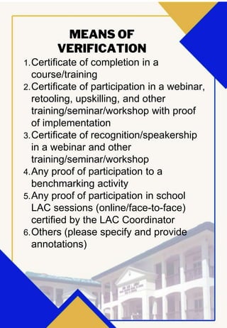 MEANS OF
VERIFICATION
1.Certificate of completion in a
course/training
2.Certificate of participation in a webinar,
retooling, upskilling, and other
training/seminar/workshop with proof
of implementation
3.Certificate of recognition/speakership
in a webinar and other
training/seminar/workshop
4.Any proof of participation to a
benchmarking activity
5.Any proof of participation in school
LAC sessions (online/face-to-face)
certified by the LAC Coordinator
6.Others (please specify and provide
annotations)
 