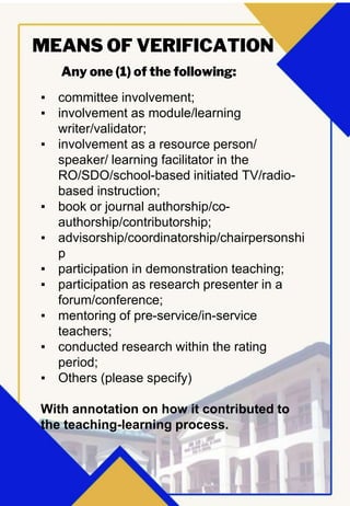MEANS OF VERIFICATION
▪ committee involvement;
▪ involvement as module/learning
writer/validator;
▪ involvement as a resource person/
speaker/ learning facilitator in the
RO/SDO/school-based initiated TV/radio-
based instruction;
▪ book or journal authorship/co-
authorship/contributorship;
▪ advisorship/coordinatorship/chairpersonshi
p
▪ participation in demonstration teaching;
▪ participation as research presenter in a
forum/conference;
▪ mentoring of pre-service/in-service
teachers;
▪ conducted research within the rating
period;
▪ Others (please specify)
With annotation on how it contributed to
the teaching-learning process.
Any one (1) of the following:
 