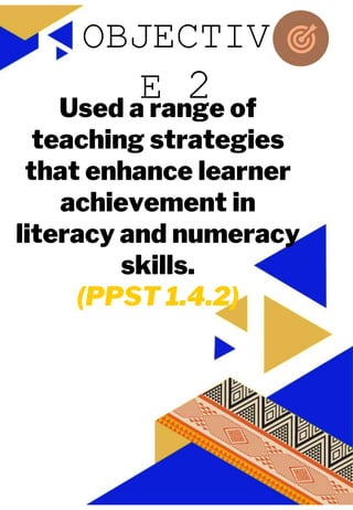 JUAN A. DELA CRUZ
JUAN A. DELA CRUZ
Used a range of
teaching strategies
that enhance learner
achievement in
literacy and numeracy
skills.
(PPST 1.4.2)
OBJECTIV
E 2
 