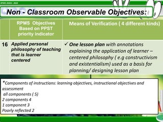 RPMS 20201- 2022
Non - Classroom Observable Objectives:
RPMS Objectives
Based on PPST
priority indicator
Means of Verification ( 4 different kinds)
16 Applied personal
philosophy of teaching
that is learner
centered
 One lesson plan with annotations
explaining the application of learner –
centered philosophy ( e.g constructivism
and existentialism) used as a basis for
planning/ designing lesson plan
*Components of instructions: learning objectives, instructional objectives and
assessment
all components ( 5)
2 components 4
1 component 3
Poorly reflected 2
 