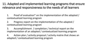 11. Adapted and implemented learning programs that ensure
relevance and responsiveness to the needs of all learners
1. Proof of evaluation* on the implementation of the adapted /
contextualized learning program
2. Progress report on the implementation of the adapted /
contextualized learning program
3. Accomplishment / completion / technical report on the
implementation of an adapted / contextualized learning program
4. Action plan / activity proposal / activity matrix that shows an
adapted / contextualized learning program
 