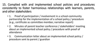 15. Complied with and implemented school policies and procedures
consistently to foster harmonious relationships with learners, parents,
and other stakeholders
• 1. Proof of participation / involvement in a school-community
partnership for the implementation of a school policy / procedure
(e.g., certificate as committee member, narrative report)
• 2. Minutes of parent teacher conference / stakeholders’ meeting
about an implemented school policy / procedure with proof of
attendance
• 3. Communication letter about an implemented school policy /
procedure sent to parent / guardian
 