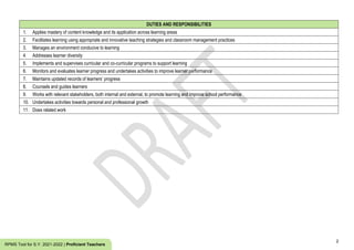 2
RPMS Tool for S.Y. 2021-2022 | Proficient Teachers
DUTIES AND RESPONSIBILITIES
1. Applies mastery of content knowledge and its application across learning areas
2. Facilitates learning using appropriate and innovative teaching strategies and classroom management practices
3. Manages an environment conducive to learning
4. Addresses learner diversity
5. Implements and supervises curricular and co-curricular programs to support learning
6. Monitors and evaluates learner progress and undertakes activities to improve learner performance
7. Maintains updated records of learners’ progress
8. Counsels and guides learners
9. Works with relevant stakeholders, both internal and external, to promote learning and improve school performance
10. Undertakes activities towards personal and professional growth
11. Does related work
 