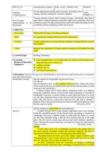 DLP No. 24 Learning Area: English Grade Level:
8
Quarter: First Duration:
Learning
Competency/ies:
Use the appropriate reading style (scanning, skimming, close
reading, intensive reading etc.) for one’s purpose
Code:
EN8RC-Ie-7:
Key Concepts/
Understanding to be
Developed:
Training students to know their reading techniques and decide when best to
apply them is indeed important, especially under exam conditions when time
constraints come into play and decisions need to be made depending on time
availability and the importance of the task at hand.
1. Objectives
Knowledge Differentiate the types of reading techniques.
Skills Use appropriate reading techniques for the reading tasks.
Attitudes Express appreciation of using reading techniques through different creative
presentations.
Values Integrate the importance of using reading techniques to accomplish reading
goals.
2. Content/Topic Reading Techniques
3. Learning
Resources/Materials/
Equipment
 www.ecenglish.com, www.sciencealert.com, https://motivationgrid.com,
http://pioneer.netserv.chula.ac.th
 reading materials
 netbook and TV
 power point presentations
4. Procedures (indicate the steps you will undertake to teach the lesson and indicate the no. of minutes
each step will consume)
Introductory Activity Ask the students to recapitulate the previous lesson.
Let’s Read!
Ask the student to have an oral reading of the text below. (Take note: Some
of the words in the text are jumbled and only the first and last letters of each
word are in the right place.)
I cnduo't bvleiee taht I culod aulaclty uesdtannrd waht I was rdnaieg.
Unisg the icndeblire pweor of the hmuan mnid, aocdcrnig to rseecrah at
Cmabrigde Uinervtisy, it dseno't mttaer in waht oderr the lterets in a wrod
are, the olny irpoamtnt tihng is taht the frsit and lsat ltteer be in the rhgit
pclae. The rset can be a taotl mses and you can sitll raed it whoutit a
pboerlm. Tihs is bucseae the huamn mnid deos not raed ervey ltteer by istlef,
but the wrod as a wlohe. – McCarthy (2018)
Activity
Ask the students to read silently the unjumbled text.
I couldn't believe that I could actually understand what I was reading.
Using the incredible power of the human brain, according to research at
Cambridge University, it doesn't matter in what order the letters in a word
are, the only important thing is that the first and last letter be in the right
place. The rest can be a total, mess and you can read it without a problem.
This is because the human mind does not read every letter by itself, but the
word as a whole. - McCarthy (2018)
Trivia:
In fact, there never was a Cambridge researcher (the earliest form of
the meme actually circulated without that particular addition), but there is
some Science behind why we can read that particular jumbled text.
The phenomenon has been given the slightly tongue-in-cheek name
"Typoglycaemia," and it works because our brains don't just rely on what
they see - they also rely on what we expect to see.
In 2011, researchers from the University of Glasgow, conducting
unrelated research, found that when something is obscured from or unclear
 