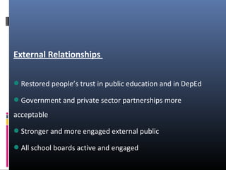 External Relationships
Restored people’s trust in public education and in DepEd
Government and private sector partnerships more
acceptable
Stronger and more engaged external public
All school boards active and engaged
 