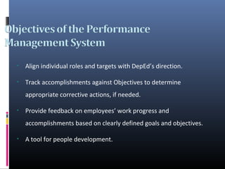• Align individual roles and targets with DepEd’s direction.
• Track accomplishments against Objectives to determine
appropriate corrective actions, if needed.
• Provide feedback on employees’ work progress and
accomplishments based on clearly defined goals and objectives.
• A tool for people development.
 