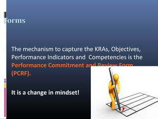The mechanism to capture the KRAs, Objectives,
Performance Indicators and Competencies is the
Performance Commitment and Review Form
(PCRF).
It is a change in mindset!
 