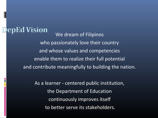 We dream of Filipinos
who passionately love their country
and whose values and competencies
enable them to realize their full potential
and contribute meaningfully to building the nation.
As a learner - centered public institution,
the Department of Education
continuously improves itself
to better serve its stakeholders.
 