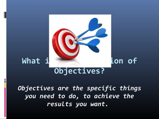 What is the definition of
Objectives?
Objectives are the specific things
you need to do, to achieve the
results you want.
 