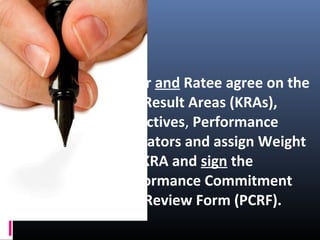 Rater and Ratee agree on the
Key Result Areas (KRAs),
Objectives, Performance
Indicators and assign Weight
Per KRA and sign the
Performance Commitment
and Review Form (PCRF).
 