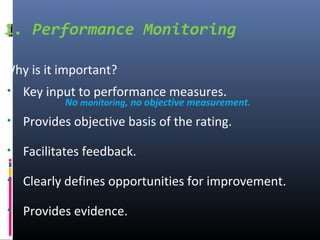 1. Performance Monitoring
Why is it important?
• Key input to performance measures.
• Provides objective basis of the rating.
• Facilitates feedback.
• Clearly defines opportunities for improvement.
• Provides evidence.
No monitoring, no objective measurement.
 