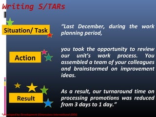 Writing S/TARs
“Last December, during the work
planning period,
you took the opportunity to review
our unit’s work process. You
assembled a team of your colleagues
and brainstormed on improvement
ideas.
As a result, our turnaround time on
processing promotions was reduced
from 3 days to 1 day.”
Situation/ Task
Action
Result
*developed by Development Dimensions International (DDI)
 