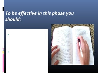 To be effective in this phase you
should:
•Track your
performance against
your plan.
•Use JOURNALS!
 