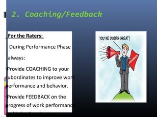 For the Raters:
During Performance Phase
always:
•Provide COACHING to your
subordinates to improve work
performance and behavior.
•Provide FEEDBACK on the
progress of work performance
and behavior change.
2. Coaching/Feedback
 