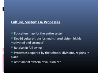 Culture, Systems & Processes
Education map for the entire system
DepEd culture transformed (shared vision, highly
motivated and stronger)
Ratplan in full swing
Processes required by the schools, divisions, regions in
place
Assessment system revolutionized
 