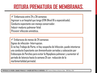 RUPTURA PREMATURA DE MEMBRANAS AMNIOTICAS
ROTURA PREMATURA DE MEMBRANAS.
PROTOCOLOS DE ATENCIÓN. CUIDADOS PRENATALES Y ATE...