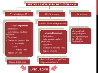 RUPTURA PREMATURA DE MEMBRANAS
26 s y/o 600 gr a 32 s
Manejo expectante
- Antibióticos
- Inductores de madurez
pulmonar.
-...