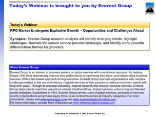 Today’s Webinar is brought to you by Everest Group



Today’s Webinar
RPO Market Undergoes Explosive Growth – Opportunities and Challenges Ahead

Synopsis: Everest Group research analysts will identify emerging trends, highlight
challenges, illustrate the current service provider landscape, and identify some possible
differentiation themes for providers.




About Everest Group
Everest Group is an advisor to business leaders on global services with a worldwide reputation for helping
Global 1000 firms dramatically improve their performance by optimizing their back- and middle-office business
services. With a fact-based approach driving outcomes, Everest Group counsels organizations with complex
challenges related to the use and delivery of global services in their pursuits to balance short-term needs with
long-term goals. Through its practical consulting, original research and industry resource services, Everest
Group helps clients maximize value from internal transformations, shared services, outsourcing and blended
model strategies. Established in 1991, Everest Group serves users of global services, providers of services,
country organizations and private equity firms, in six continents across all industry categories. For more
information, please visit www.everestgrp.com and www.everestresearchinstitute.com.
For more information, contact Mark Williamson at mark.williamson@everestgrp.com

                                                                                                              1
                                    Proprietary & Confidential. © 2011, Everest Global, Inc.
 