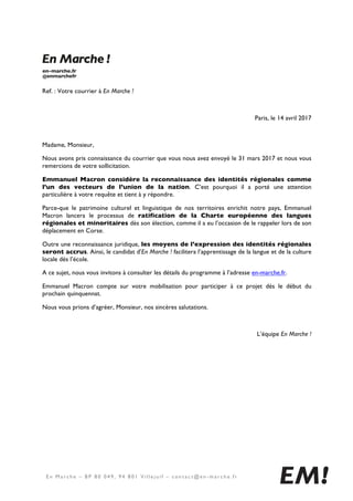 E n M a r c h e – B P 8 0 04 9 , 94 8 01 V i l l e j u i f – c o n t a c t @ e n - m a r c h e . f r
	
	
Ref. : Votre cour...