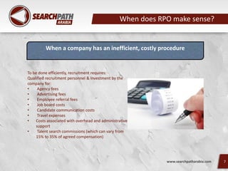 When does RPO make sense?
www.searchpatharabia.com 7
When a company has an inefficient, costly procedure
To be done efficiently, recruitment requires:
Qualified recruitment personnel & Investment by the
company for:
• Agency fees
• Advertising fees
• Employee referral fees
• Job board costs
• Candidate communication costs
• Travel expenses
• Costs associated with overhead and administrative
support
• Talent search commissions (which can vary from
15% to 35% of agreed compensation)
 