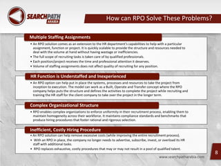 How can RPO Solve These Problems?
• An RPO solution comes as an extension to the HR department’s capabilities to help with a particular
assignment, function or project. It is quickly scalable to provide the structure and resources needed to
deal with the volume at hand without having wastage or inefficiencies.
• The full scope of recruiting tasks is taken care of by qualified professionals.
• Each position/project receives the time and professional attention it deserves.
• Volume of staffing assignments does not affect quality of recruiting for any position.
Multiple Staffing Assignments
• An RPO option can help put in place the systems, processes and resources to take the project from
inception to execution. The model can work as a Built, Operate and Transfer concept where the RPO
company helps puts the structure and defines the activities to complete the project while recruiting and
training the HR staff for the client company to take over the project in the longer term.
HR Function is Understaffed and Inexperienced
• RPO enables complex organizations to enforce uniformity in their recruitment process, enabling them to
maintain homogeneity across their workforce. It maintains compliance standards and benchmarks that
produce hiring procedures that foster rational and rigorous selection.
Complex Organizational Structure
• An RPO solution can help remove excessive costs (while improving the entire recruitment process).
• With an RPO in place, the company no longer needs to advertise, subscribe, invest, or overload its HR
staff with additional tasks.
• RPO replaces exhaustive, costly procedures that may or may not result in a pool of qualified talent.
Inefficient, Costly Hiring Procedure
www.searchpatharabia.com
8
 
