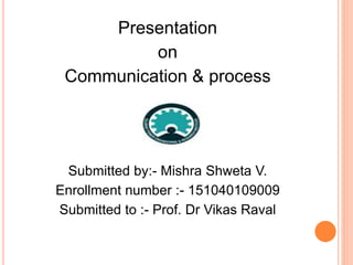 Presentation
on
Communication & process
Submitted by:- Mishra Shweta V.
Enrollment number :- 151040109009
Submitted to :- Prof. Dr Vikas Raval
 