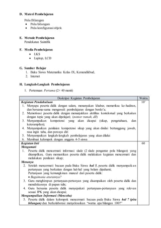 D. Materi Pembelajaran
Pola Bilangan
 Pola bilangan
 Pola konfigurasi objek
E. Metode Pembelajaran
Pendekatan Saintifik
F. Media Pembelajaran
 LKS
 Laptop, LCD
G. Sumber Belajar
1. Buku Siswa Matematika Kelas IX, Kemendikbud,
2. Internet
H. Langkah-Langkah Pembelajaran
1. Pertemuan Pertama (2× 40 menit)
Deskripsi Kegiatan Pembelajaran Waktu
Kegiatan Pendahuluan
1. Menyapa peserta didik dengan salam, menanyakan khabar, memeriksa ke-hadiran,
dan bersama-sama mengawali pembelajaran dengan berdo’a;
2. Memotivasi peserta didik dengan menunjukkan aktifitas kontekstual yang berkaitan
dengan topic yang akan dipelajari; (nomor rumah, dll)
3. Menyampaikan kompetensi yang akan dicapai (sikap, pengetahuan, dan
keterampilan);
4. Menyampaikan penilaian kompetensi sikap yang akan dinilai bertanggung jawab,
rasa ingin tahu, dan percaya diri
5. Menyampaikan langkah-langkah pembelajaran yang akan dilalui
6. Membuat kelompok dengan anggota 4-5 siswa
10’
Kegiatan Inti
Mengamati
1. Peserta didik mencermati informasi slade (2 slade pengantar pola bilangan) yang
ditampilkan, Guru memastikan peserta didik melakukan kegiatan mencermati dan
melakukan penilaian sikap;
Menanya
2. Setelah mencermati bacaan pada Buku Siswa hal 5, peserta didik menyampaikan
pertanyaan yang berkaitan dengan hal-hal yang belum dipahami;
Pertanyaan yang kemungkinan muncul dari peserta didik:
 Bagaimana aturannya?
3. Guru menghimpun pertanyaan-pertanyan yang disampaikan oleh peserta didik dan
menuliskannya di papan tulis;
4. Guru bersama peserta didik menyepakati pertanyaan-pertanyaan yang relevan
sesuai IPK yang akan dicapai;
Mengumpulkan Informasi (Mencoba)
5. Peserta didik dalam kelompok mencermati bacaan pada Buku Siswa hal 7 (pita
bilangan) dan berkolaborasi menyelesaikan “warna apa bilangan 100?”
60
 