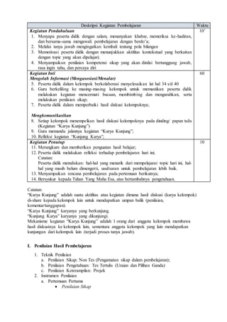 Deskripsi Kegiatan Pembelajaran Waktu
Kegiatan Pendahuluan
1. Menyapa peserta didik dengan salam, menanyakan khabar, memeriksa ke-hadiran,
dan bersama-sama mengawali pembelajaran dengan berdo’a;
2. Melalui tanya jawab mengingatkan kembali tentang pola bilangan
3. Memotivasi peserta didik dengan menunjukkan aktifitas kontekstual yang berkaitan
dengan topic yang akan dipelajari;
4. Menyampaikan penilaian kompetensi sikap yang akan dinilai bertanggung jawab,
rasa ingin tahu, dan percaya diri
10’
Kegiatan Inti
Mengolah Informasi (Mengasosiasi/Menalar)
5. Peserta didik dalam kelompok berkolaborasi menyelesaikan lat hal 34 s/d 40
6. Guru berkeliling ke masing-masing kelompok untuk memastikan peserta didik
melakukan kegiatan mencermati bacaan, membimbing dan mengarahkan, serta
melakukan penilaian sikap;
7. Peserta didik dalam memperbaiki hasil diskusi kelompoknya;
Mengkomunikasikan
8. Setiap kelompok menempelkan hasil diskusi kelompoknya pada dinding/ papan tulis
(Kegiatan “Karya Kunjung”)
9. Guru memandu jalannya kegiatan “Karya Kunjung”;
10. Refleksi kegiatan “Kunjung Karya”;
60
Kegiatan Penutup
11. Merangkum dan memberikan penguatan hasil belajar;
12. Peserta didik melakukan refleksi terhadap pembelajaran hari ini;
Catatan:
Peserta didik menuliskan: hal-hal yang menarik dari mempelajarai topic hari ini, hal-
hal yang masih belum dimengerti, usul/saran untuk pembelajaran lebih baik.
13. Menyampaikan rencana pembelajaran pada pertemuan berikutnya;
14. Bersyukur kepada Tuhan Yang Maha Esa, atas bertambahnya pengetahuan.
10
Catatan:
“Karya Kunjung” adalah suatu aktifitas atau kegiatan dimana hasil diskusi (karya kelompok)
di-share kepada kelompok lain untuk mendapatkan umpan balik (penilaian,
komentar/tanggapan).
“Karya Kunjung” karyanya yang berkunjung.
“Kunjung Karya” karyanya yang dikunjungi.
Mekanisme kegiatan “Karya Kunjung” adalah 1 orang dari anggota kelompok membawa
hasil diskusinya ke kelompok lain, sementara anggota kelompok yang lain mendapatkan
kunjungan dari kelompok lain (terjadi proses tanya jawab).
I. Penilaian Hasil Pembelajaran
1. Teknik Penilaian
a. Penilaian Sikap: Non Tes (Pengamatan sikap dalam pembelajaran);
b. Penilaian Pengetahuan: Tes Tertulis (Uraian dan Pilihan Ganda)
c. Penilaian Keterampilan: Projek
2. Instrumen Penilaian
a. Pertemuan Pertama
 Penilaian Sikap
 