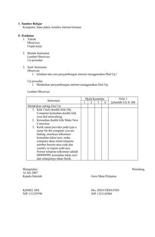 E. Sumber Belajar
    Komputer, buku paket, koneksi internet/intranet

F. Penilaian
    1. Teknik
       Observasi
       Unjuk kerja

   2. Bentuk Instrumen
      Lembar Observasi
      Uji prosedur

   3. Soal/ Instrumen
      Observasi
         1. Jelaskan tata cara penyambungan internet menggunakan Dial Up !

       Uji prosedur
           1. Melakukan penyambungan internet menggunakan Dial Up.

       Lembar Observasi

                                                       Skala Kuantitas          Nilai 1
                       Instrumen
                                                      1    2    3     4   [(Jumlah/12) X 100
       Melakukan setting Dial Up
          1. Klik 2 kali (double klik) My
             Computer kemudian double klik
             icon dial networking.
          2. Kemudian double klik Make New
             Conection.
          3. Ketik nama provider pada type a
             name for the computer you are
             dialing, misalnya telkomnet
             kemudian tekan next, maka
             computer akan minta telepone
             number beserta area code dan
             country or region code-nya.
             Nomor telepone telkomnet adalah
             080989999, kemudian tekan next
             dan selanjutnya tekan finish.


   Mengetahui                                                                            Pemalang,
   16 Juli 2007
   Kepala Sekolah                                          Guru Mata Pelajaran



   KISMO, SPd                                              Drs. IDES FIDIATNO
   NIP 131259790                                           NIP 1321142966
 