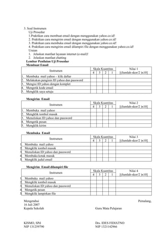 3. Soal Instrumen
       Uji Prosedur
       1.Praktikan cara membuat email dengan menggunakan yahoo.co.id!
       2. Praktikan cara mengirim email dengan menggunakan yahoo.co.id!
       3. Praktikan cara membuka email dengan menggunakan yahoo.co.id!
       4. Praktikan cara mengirim email dilampiri file dengan menggunakan yahoo.co.id!
       Uraian
       1. Jelaskan manfaat layanan internet (e-mail)!
       2. Jelaskan manfaat chatting
     Lembar Penilaian Uji Prosedur
     Membuat Email
                                                          Skala Kuantitas         Nilai 1
                        Instrumen
                                                         4 3 2          1  [(Jumlah-skor/2 )x10]
 1. Membuka mail yahoo – klik daftar
 2. Melakukan pengisin ID yahoo dan password
 3. Mengisi ID yahoo dengan komplet
 4. Mengetik kode email
 5. Mengklik saya setuju

       Mengirim Email
                                                      Skala Kuantitas            Nilai 2
                        Instrumen
                                                      4 3 2         1     [(Jumlah-skor/2 )x10]
 1.    Membuka mail yahoo
 2.    Mengklik tombol masuk
 3.    Menuliskan ID yahoo dan password
 4.    Mengetik pesan
 5.    Mengklik kirim

       Membuka Email
                                                      Skala Kuantitas            Nilai 3
                        Instrumen
                                                      4 3 2         1     [(Jumlah-skor/2 )x10]
1.    Membuka mail yahoo
2.    Mengklik tombol masuk
3.    Menuliskan ID yahoo dan password
4.    Membuka kotak masuk
5.    Mengklik judul email

       Mengirim Email dilampiri file
                                                      Skala Kuantitas            Nilai 4
                        Instrumen
                                                      4 3 2         1     [(Jumlah-skor/2 )x10]
1.    Membuka mail yahoo
2.    Mengklik tombol masuk
3.    Menuliskan ID yahoo dan password
4.    Mengetik pesan
5.    Mengklik lampirkan file

      Mengetahui                                                                        Pemalang,
      16 Juli 2007
      Kepala Sekolah                                    Guru Mata Pelajaran



      KISMO, SPd                                        Drs. IDES FIDIATNO
      NIP 131259790                                     NIP 1321142966
 