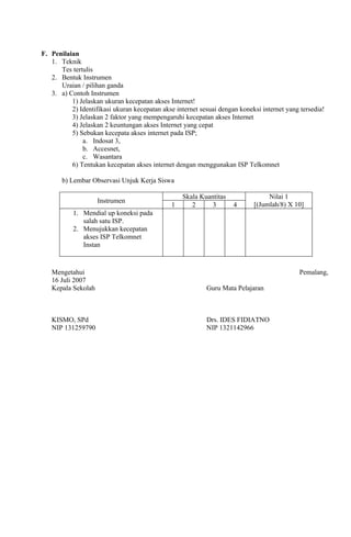 F. Penilaian
   1. Teknik
      Tes tertulis
   2. Bentuk Instrumen
      Uraian / pilihan ganda
   3. a) Contoh Instrumen
          1) Jelaskan ukuran kecepatan akses Internet!
          2) Identifikasi ukuran kecepatan akse internet sesuai dengan koneksi internet yang tersedia!
          3) Jelaskan 2 faktor yang mempengaruhi kecepatan akses Internet
          4) Jelaskan 2 keuntungan akses Internet yang cepat
          5) Sebukan kecepata akses internet pada ISP;
              a. Indosat 3,
              b. Accesnet,
              c. Wasantara
          6) Tentukan kecepatan akses internet dengan menggunakan ISP Telkomnet

       b) Lembar Observasi Unjuk Kerja Siswa

                                                  Skala Kuantitas                Nilai 1
                    Instrumen
                                              1      2      3        4      [(Jumlah/8) X 10]
           1. Mendial up koneksi pada
              salah satu ISP.
           2. Menujukkan kecepatan
              akses ISP Telkomnet
              Instan


   Mengetahui                                                                                Pemalang,
   16 Juli 2007
   Kepala Sekolah                                          Guru Mata Pelajaran



   KISMO, SPd                                              Drs. IDES FIDIATNO
   NIP 131259790                                           NIP 1321142966
 