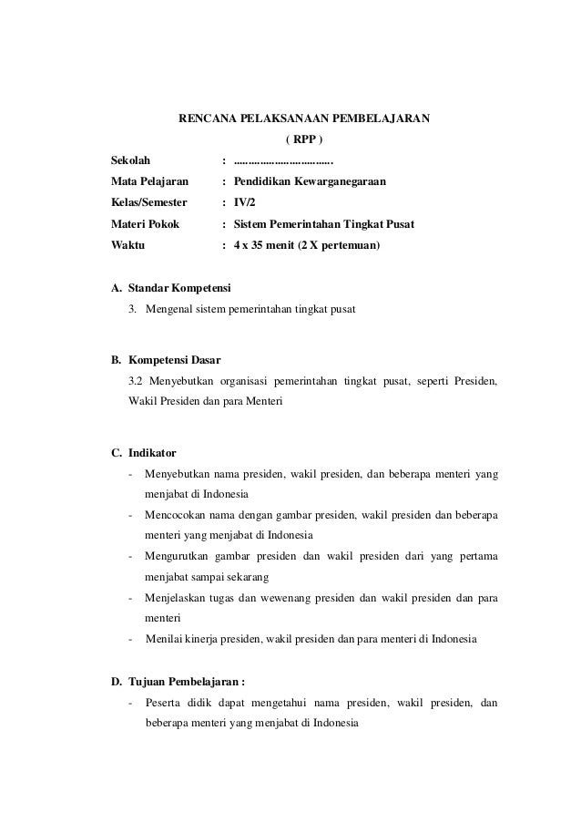 Rpp Pkn Kelas Iv Semester 2
