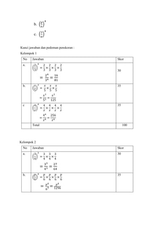 b.
c.

Kunci jawaban dan pedoman penskoran :
Kelompok 1
No

Jawaban

Skor

a.
30

b.

35

c

35

Total

100

Kelompok 2
No

Jawaban

Skor

a.

30

b.

35

 